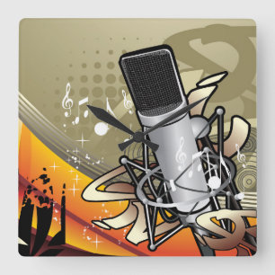 Generic Music Themed w/Microphone Square Wall Clock