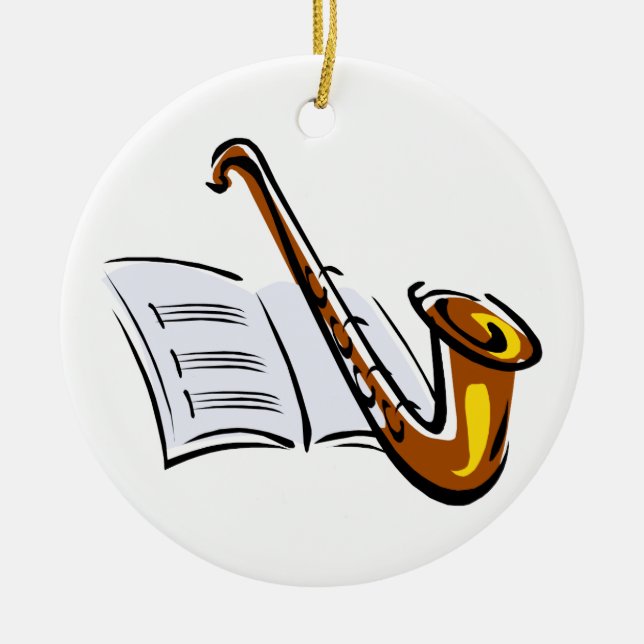Generic saxophone with sheet music graphic image ceramic ornament (Front)