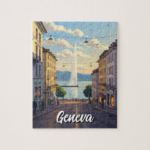 Geneva Street Switzerland Travel Jet d'eau Sunset Jigsaw Puzzle