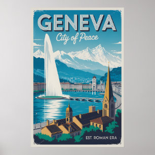 Geneva Switzerland Retro Skyline Cityscape Travel  Poster
