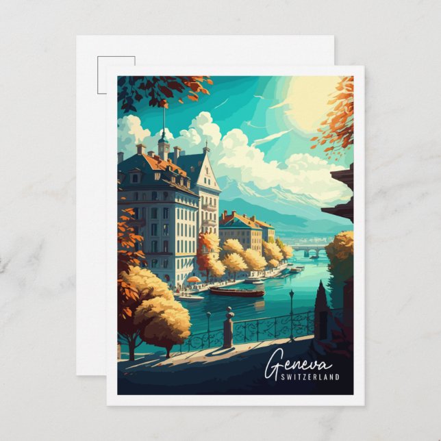 Geneva Switzerland vintage travel illustration Postcard (Front/Back)