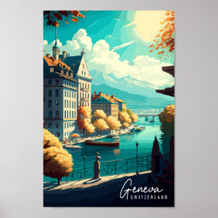 Geneva Switzerland vintage travel illustration Poster