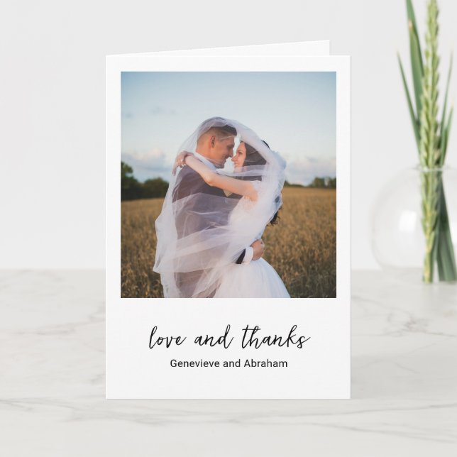 Genevieve Black and White Photo Modern Wedding Thank You Card (Front)