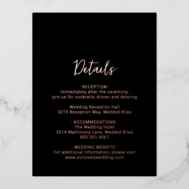 Genevieve Black Photo Modern Wedding Foil Invitation Postcard (Front)