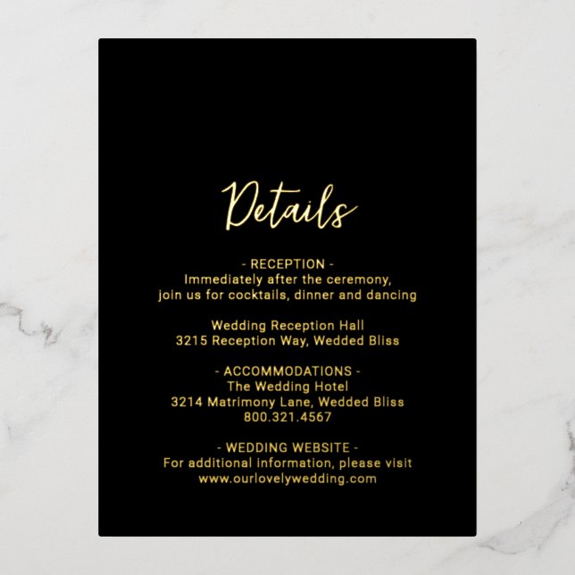Genevieve Black Photo Modern Wedding Foil Invitation Postcard (Front)