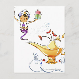 Genie bringing a house and gifts from a magic lamp postcard