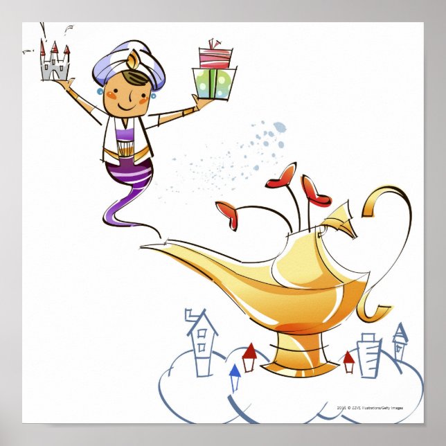 Genie bringing a house and gifts from a magic lamp poster (Front)