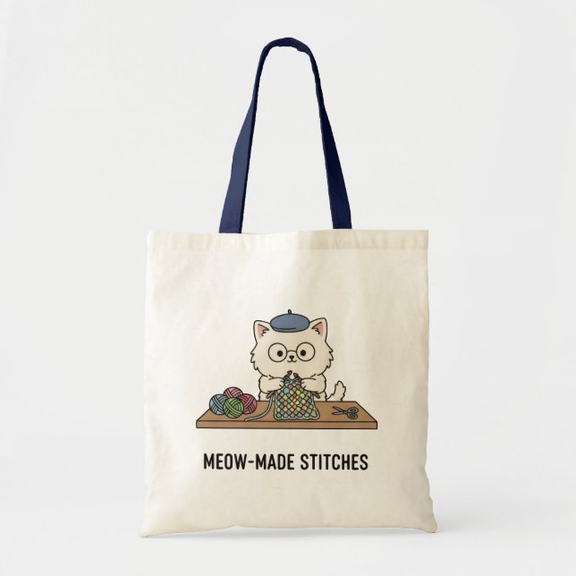 Genius Cat Knitting "Meow-Made" Present Design Tote Bag (Front)