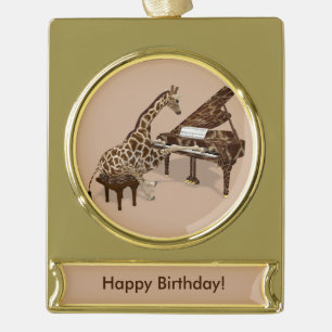 Genius Giraffe Playing Piano Gold Plated Banner Ornament