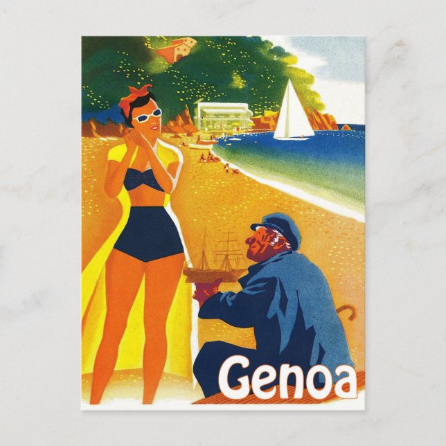 Genoa coast, Italy, old captain and young tourist Postcard (Front)