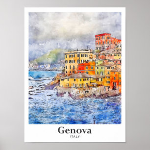 Genova Italy Travel Watercolor Sketch Hand Drawn Poster