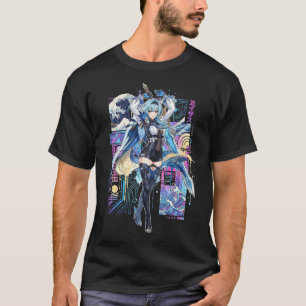 Genshin Eula Vaporwave Glitch Palm Sunset Neon Gri T-Shirt
