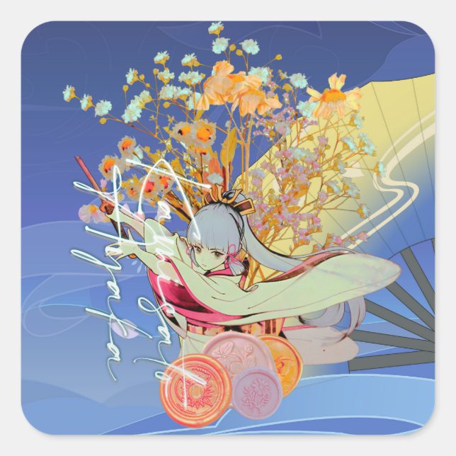 Genshin Impact Kamisato Ayaka Flores Anime Drawing Square Sticker (Front)