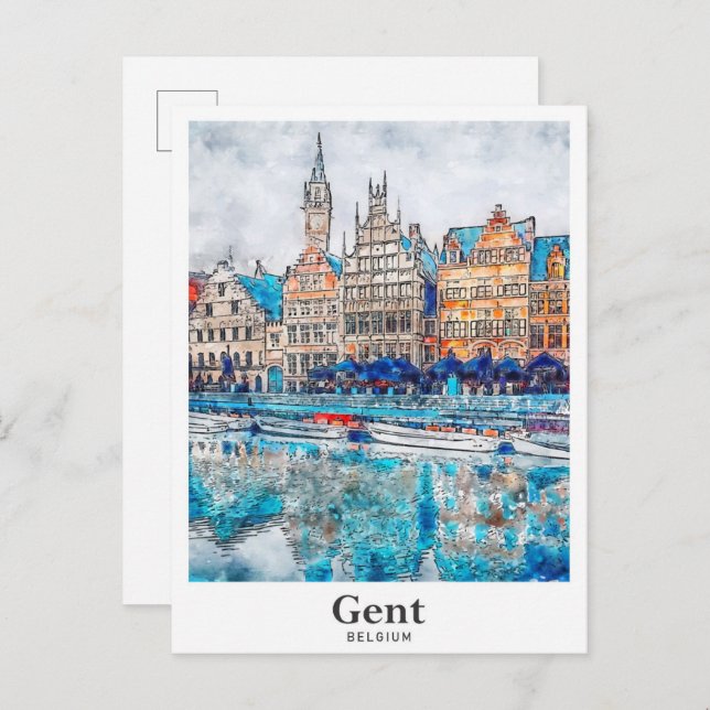 Gent Belgium Travel Watercolor Hand Drawn Postcard (Front/Back)