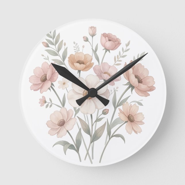 Gentle Anemone Bouquet Watercolor Softness Round Clock (Front)