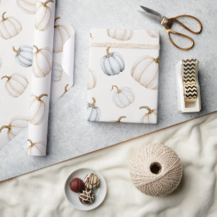 Gentle Autumn Blue White Pumpkins Wrapping Paper