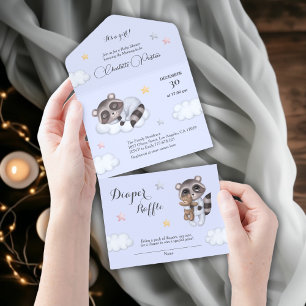 Gentle Baby Boy Racoon Blue Baby Shower  All In One Invitation