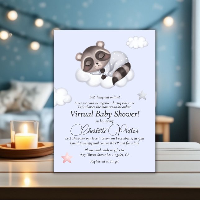 Gentle Baby Boy Racoon Blue Baby Shower Virtual Invitation (Gentle Baby Boy Raccoon Blue Baby Shower Virtual Invitation)