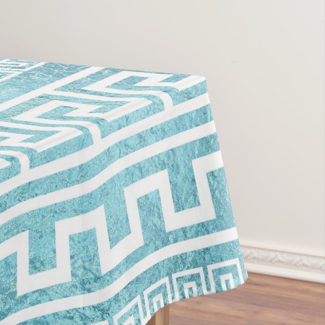 Gentle Blue Greek Meander Pattern on glass Tablecloth (In Situ)