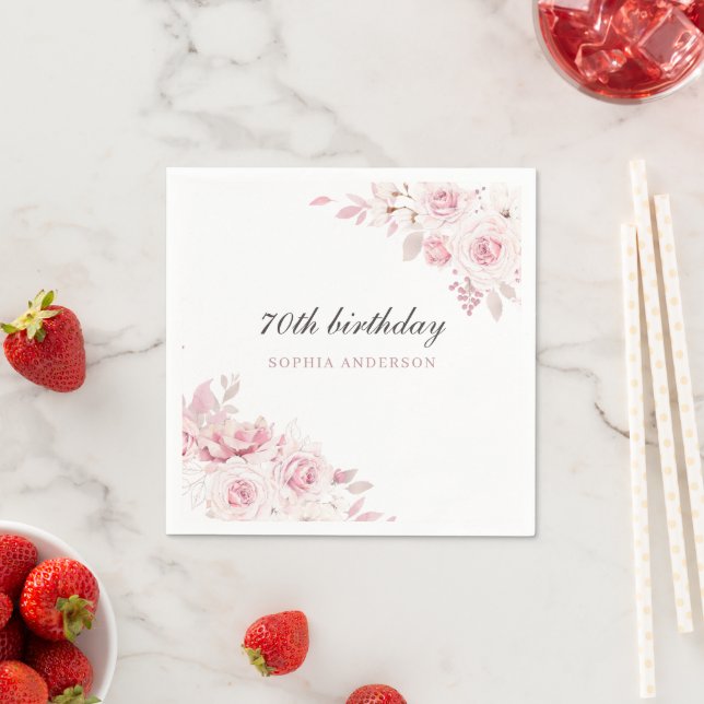 Gentle Blush Elegant Flowers 70th Birthday Party Napkin (Insitu)