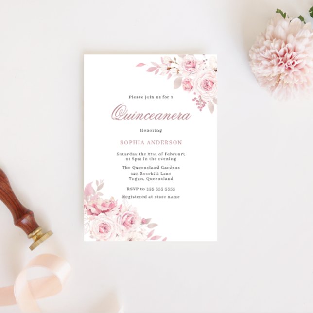 Gentle Blush Elegant Flowers Quinceanera Party Invitation (Creator Uploaded)