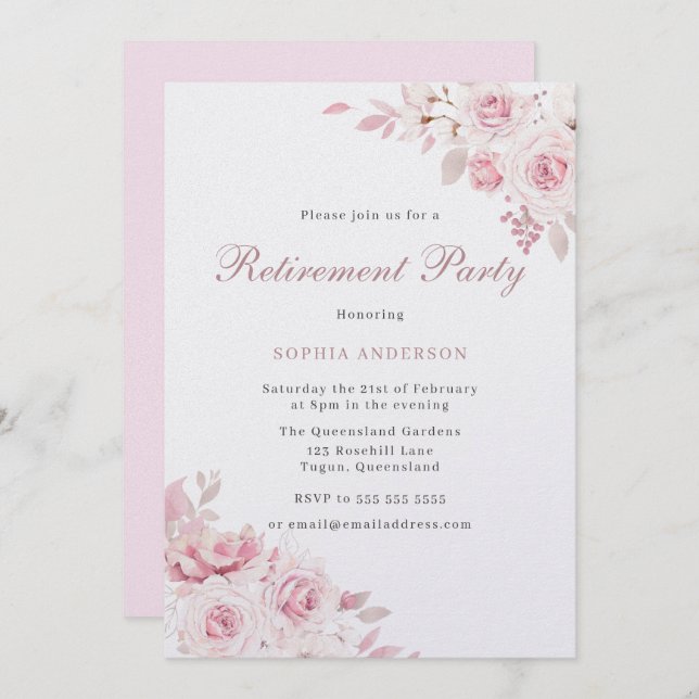 Gentle Blush Elegant Flowers Retirement Party Invitation (Front/Back)
