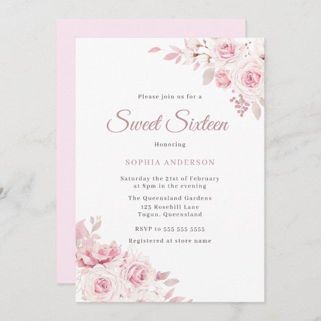 Gentle Blush Elegant Flowers Sweet 16 Party Invitation (Front/Back)