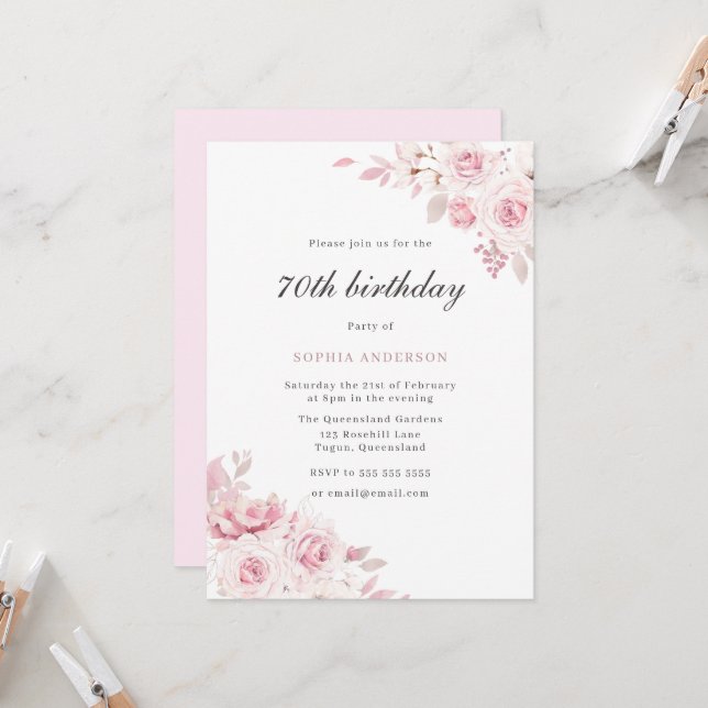 Gentle Blush Elegant Flowers Womans 70th Birthday Invitation (Front/Back In Situ)