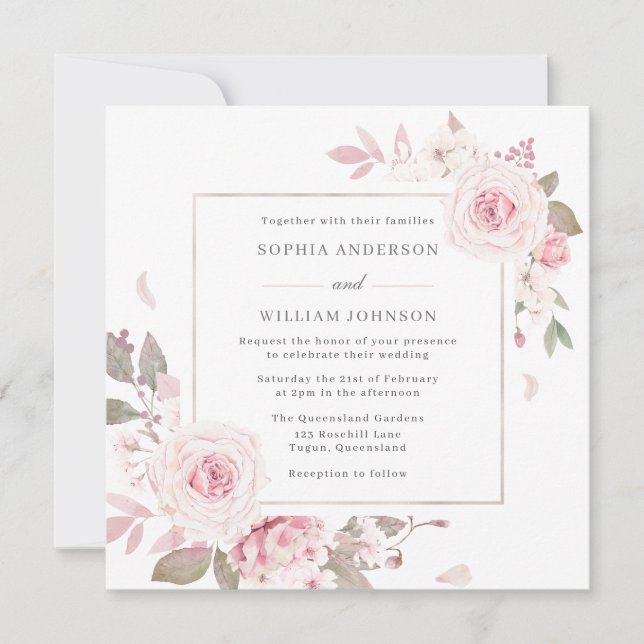 Gentle Blush Floral Frame Wreath Wedding Invitation (Front)