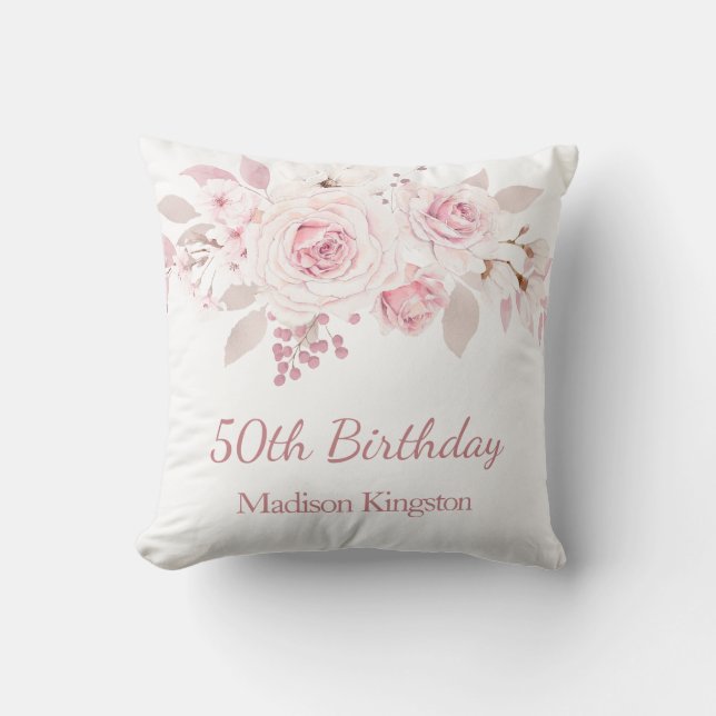 Gentle Blush Pink Floral 50th Birthday Party Gift Cushion (Front)
