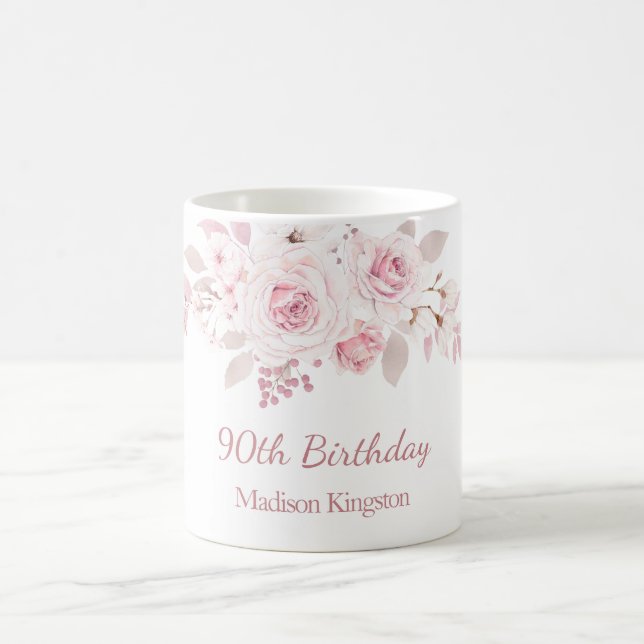 Gentle Blush Pink Floral 90th Birthday Party Gift Coffee Mug (Center)