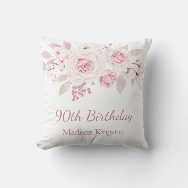 Gentle Blush Pink Floral 90th Birthday Party Gift Cushion (Front)