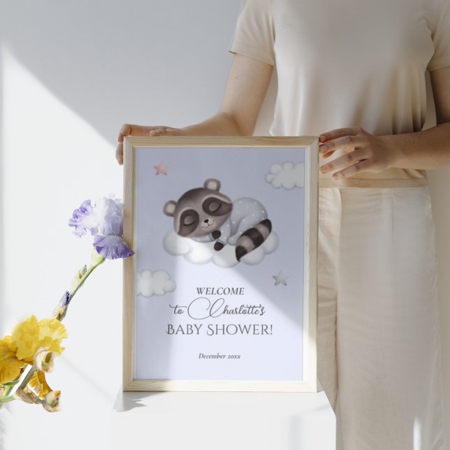 Gentle Boy Racoon Blue Baby Shower Welcome Poster (Creator Uploaded)