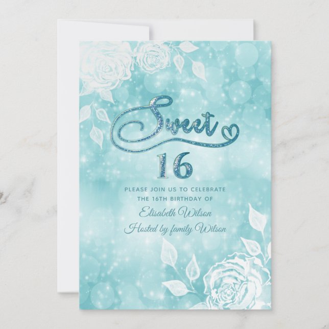 Gentle elegant  bokeh white roses sweet sixteen invitation (Front)