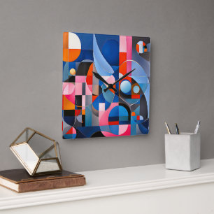 Gentle Geometry: Hues of Blue & Pink in Abstract Square Wall Clock