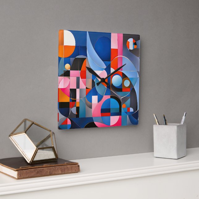 Gentle Geometry: Hues of Blue & Pink in Abstract Square Wall Clock (Office)