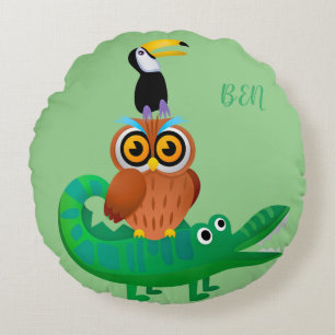 Gentle green with alligator owl and parrot round cushion