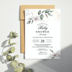 Gentle Greenery Watercolor Leaf & Flower Gold Invitation