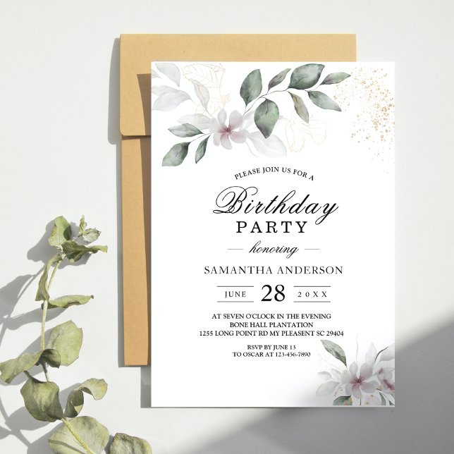  Gentle Greenery Watercolor Leaf & Flower | Gold Invitation (Creator Uploaded)