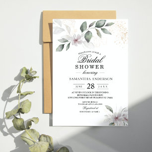 Gentle Greenery Watercolor Leaf & Flower   Gold Invitation