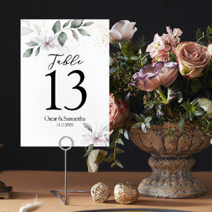 Gentle Greenery Watercolor Leaf & Flower Gold Table Number