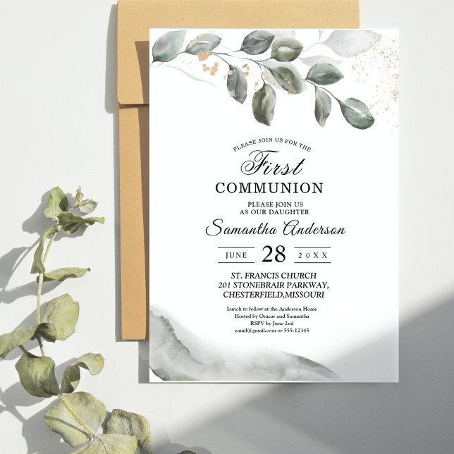  Gentle Greenery Watercolor Leaf | Gold Dust  Invitation (Creator Uploaded)