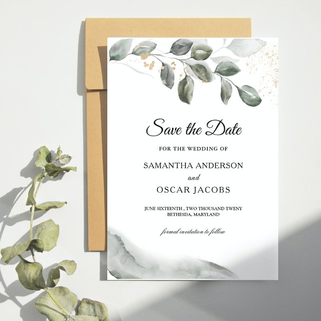  Gentle Greenery Watercolor Leaf | Gold Dust  Save The Date (Creator Uploaded)