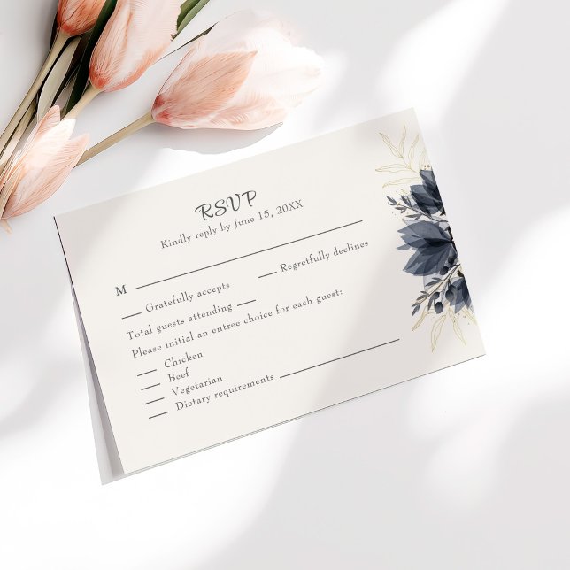Gentle Grey Flowers Wedding RSVP Card with Menu (Gentle Gray Flowers Wedding RSVP Card with Menu on a sunny table with pale pink flowers.)