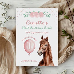 Gentle Horse Floral 1st Birthday Invitation