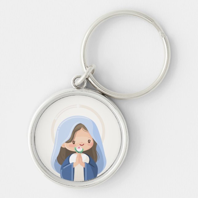 Gentle Kawaii Virgin Mary with Flower – White Key Ring (Front)