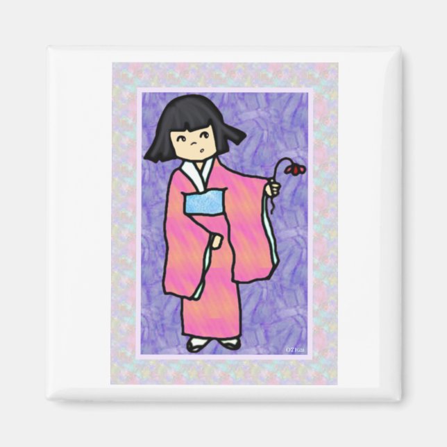 Gentle Kimi in a Kimono Holding a Flower Magnet (Front)