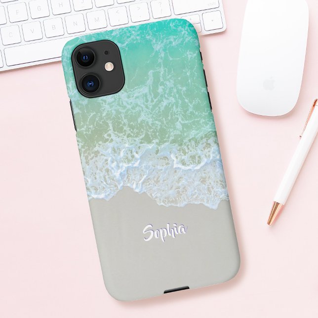 Gentle Ocean Waves, Beach Sand, Script Name iPhone Case (Creator Uploaded)