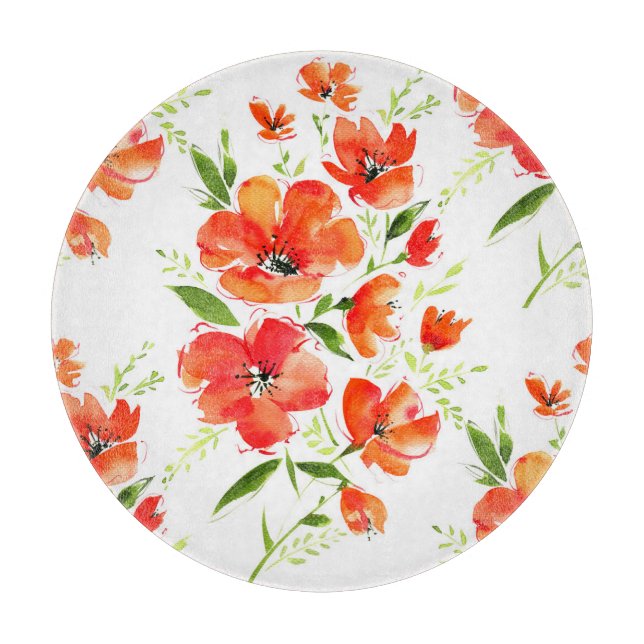 Gentle Orange Poppies Watercolor Pattern Cutting Board (Front)