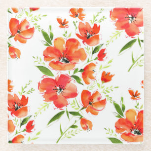 Gentle Orange Poppies Watercolor Pattern Glass Coaster